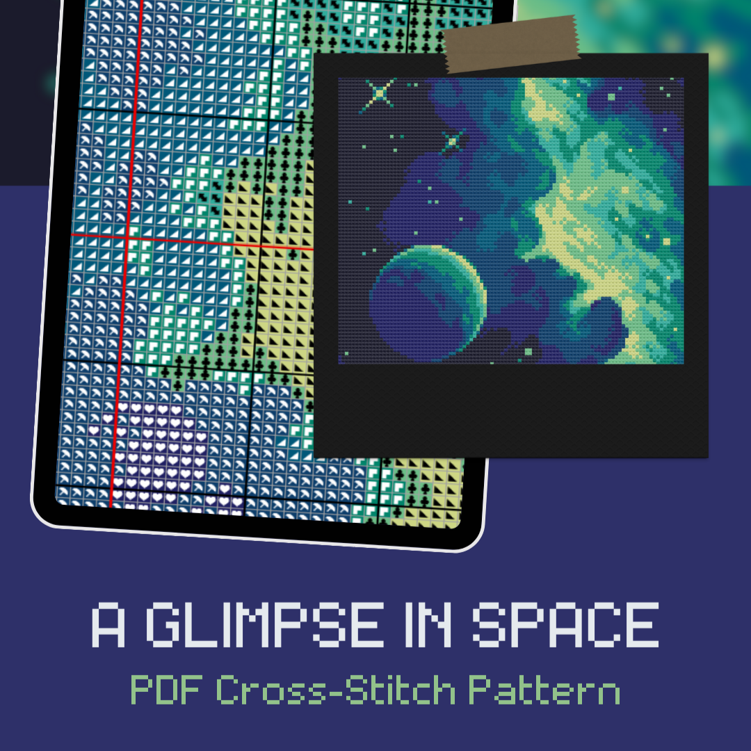 Cross-stitch pattern with space-themed design on a blue background